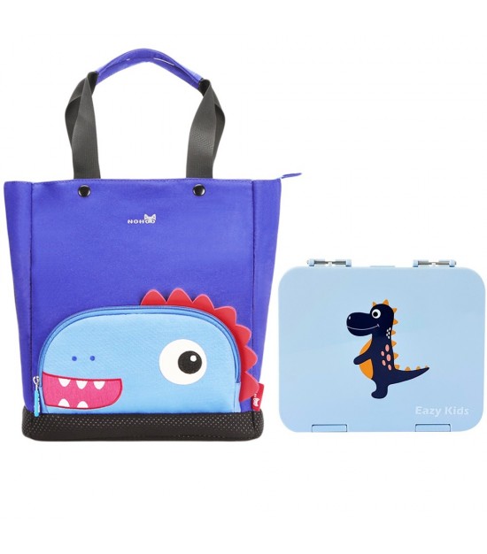 Nohoo Dinosaur Tote Bag and Bento Lunch Box-Grey Blue