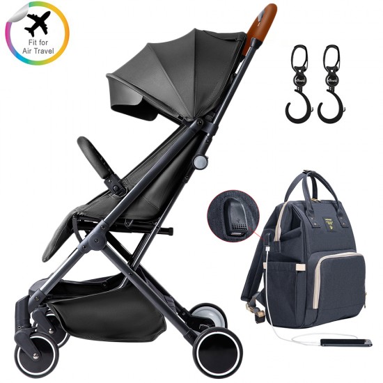 Teknum Travel Lite Stroller + Sunveno USB Diaper Bag  and Stroller Hooks - Black